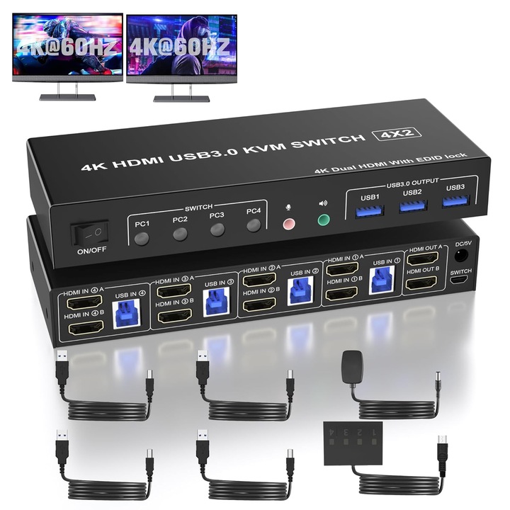 KVM kapcsoló USB 3.0 4 PC 2 monitor 4K 60Hz többszínű
