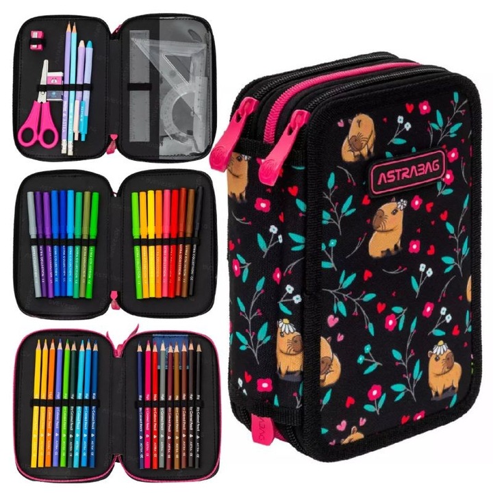 Set Penar Cu Accesorii, Astra, Flower Capy, 20.5 x 13 x 6 cm, Multicolor, 3 Compartimente Independente, Inchidere Cu Fermoar, Fabricat Din Poliester Rezistent, Include Echipament Complet, Certificare Oficiala Ce