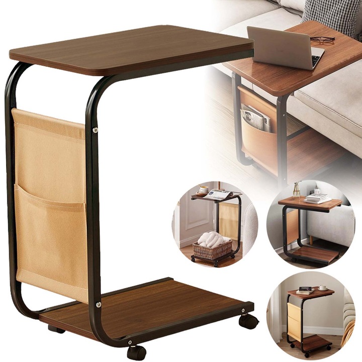 Masuta laterala mobila tip C, Cu Roti, cadru metalic rezistent, buzunar lateral pentru depozitare, compact si usor, economisind spatiu. elegant, Asamblare Rapida, Glisare sub Canapea sau Pat, pentru camere de zi, dormitoare, birouri si sufragerii