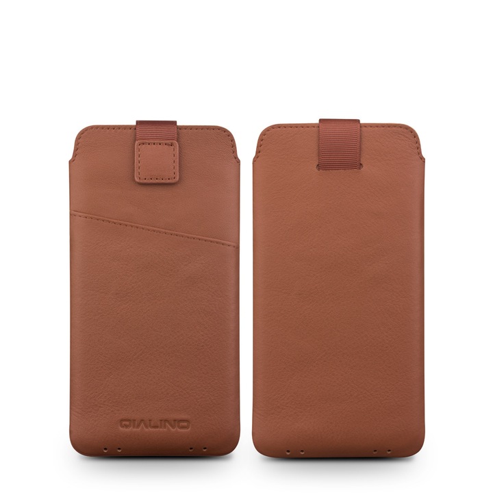 Husa pentru iPhone 11 Pro, iPhone X, XS, Qialino Pouch, tip saculet din piele moale, culoare Maro Tabac