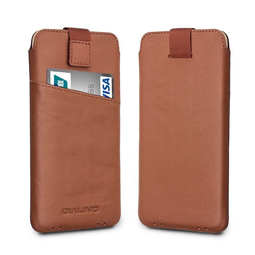 Husa iPhone 11 Pro Max, iPhone 11, 8 Plus, 7 Plus, Qialino Pouch, tip saculet din piele moale, culoare Maro tabac