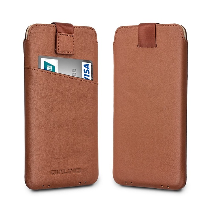 Калъф за iPhone 11 Pro Max, iPhone 11, 8 Plus, 7 Plus, Qialino Pouch, тип мека кожена чанта, цвят Tobacco Brown