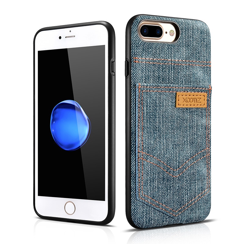 Husa iPhone 7 Plus, 8 Plus - Xoomz by iCarer Jeans, slim din piele vegetala, cu locas pentru card, culoare Albastru Verzui