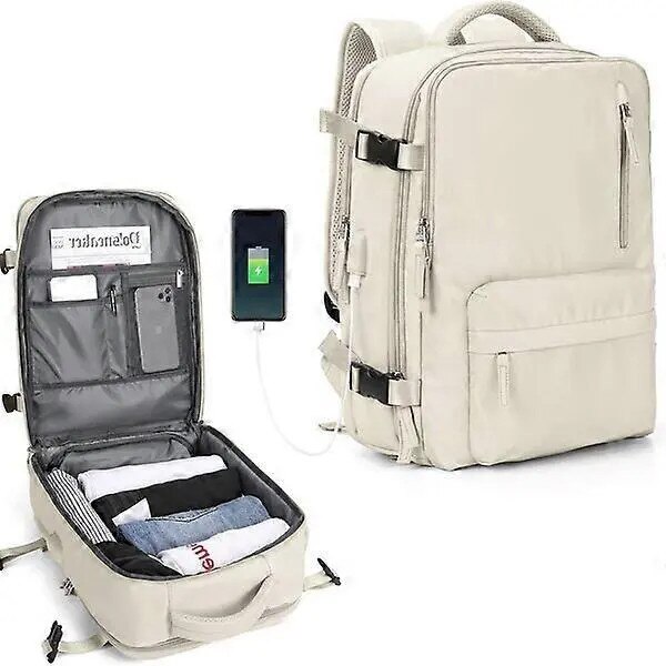 Rucsac multifunctional, impermeabil, bej, 13x14 inch, cu port USB si buzunar antifurt