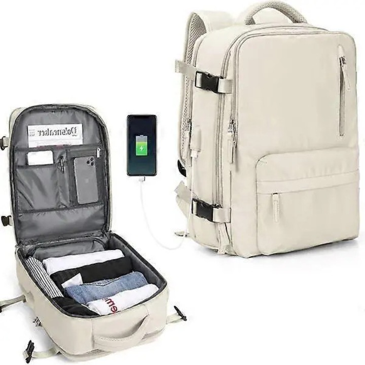 Rucsac multifunctional, impermeabil, bej, 13x14 inch, cu port USB si buzunar antifurt