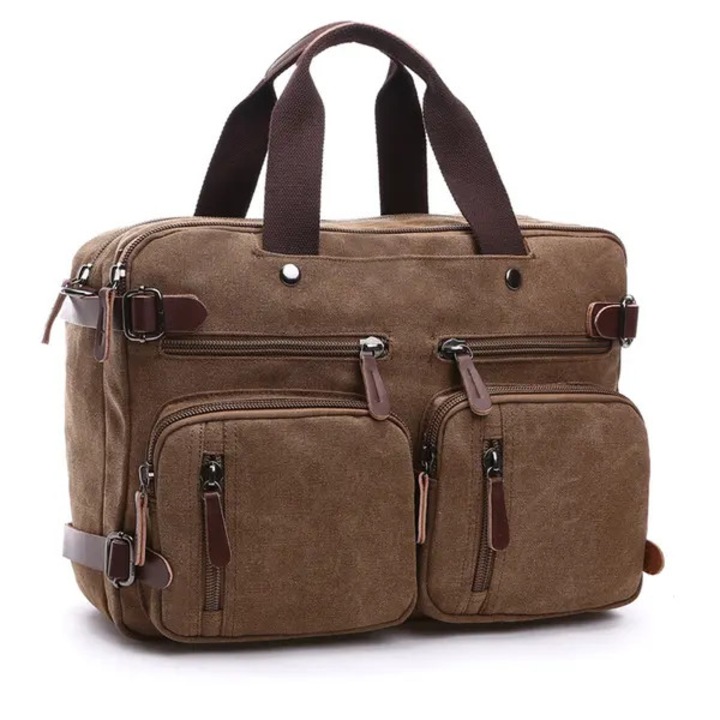 Geanta business 3-in-1 din panza canvas, compartiment laptop 17 inch, multiple buzunare exterioare, maro, 32 x 44 x 13 cm