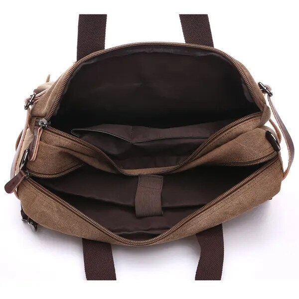Geanta business 3-in-1 din panza canvas, compartiment laptop 17 inch, multiple buzunare exterioare, maro, 32 x 44 x 13 cm