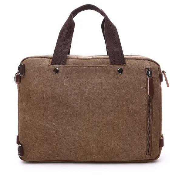 Geanta business 3-in-1 din panza canvas, compartiment laptop 17 inch, multiple buzunare exterioare, maro, 32 x 44 x 13 cm