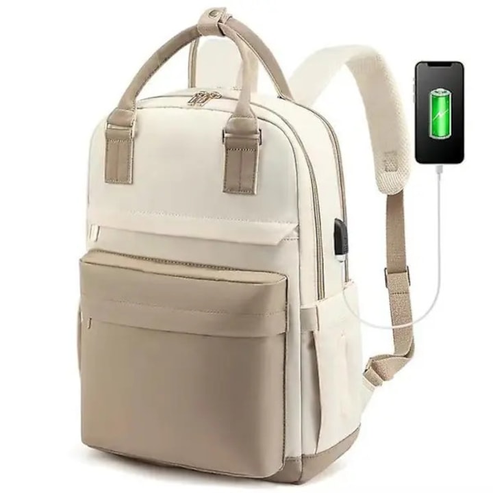Rucsac laptop 15.6 inch, compartimente multiple, USB, gri albastru khaki, 30x45x18cm
