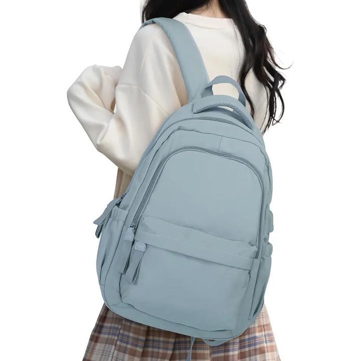 Rucsac scoala 14 inch, albastru deschis, nylon, capacitate mare, confortabil