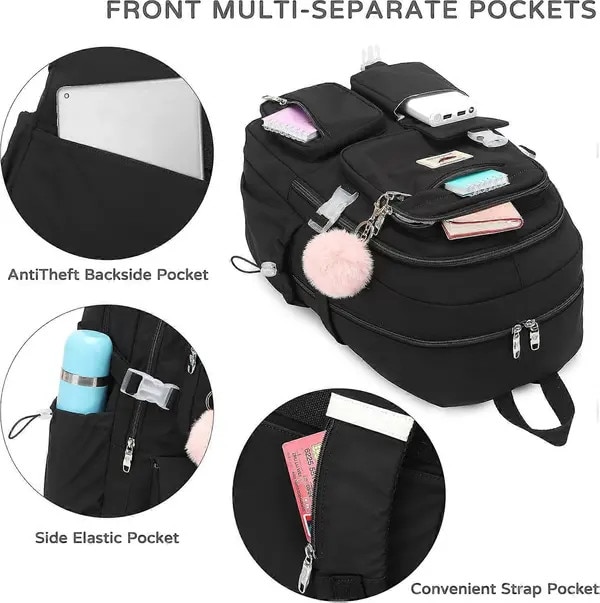 Rucsac scolar 15.6 inch, rezistent la apa, negru, 35x19x45cm, set cu breloc pufos