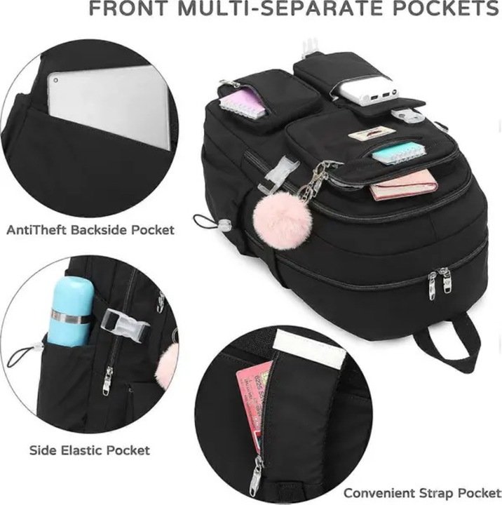 Rucsac scolar 15.6 inch, rezistent la apa, negru, 35x19x45cm, set cu breloc pufos