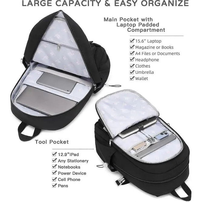 Rucsac scolar 15.6 inch, rezistent la apa, negru, 35x19x45cm, set cu breloc pufos