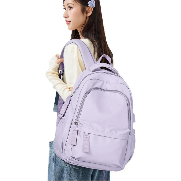Rucsac laptop impermeabil 19 inch, capacitate mare, port USB, mov