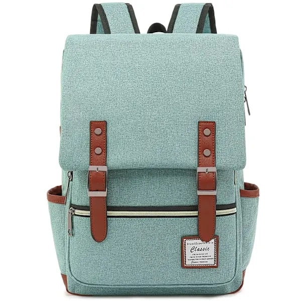 Rucsac din panza vintage, compartiment pentru laptop 15,6", bretele captusite reglabile, buzunare laterale, curele aspect piele, model IZO-CJ-K0502-2026-0721-497, verde menta