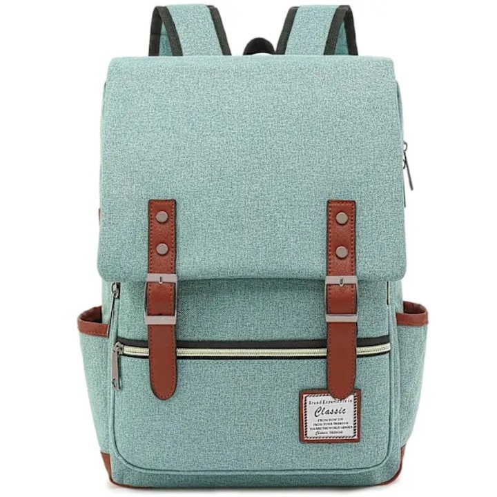 Rucsac din panza vintage, compartiment pentru laptop 15,6", bretele captusite reglabile, buzunare laterale, curele aspect piele, model IZO-CJ-K0502-2026-0721-497, verde menta