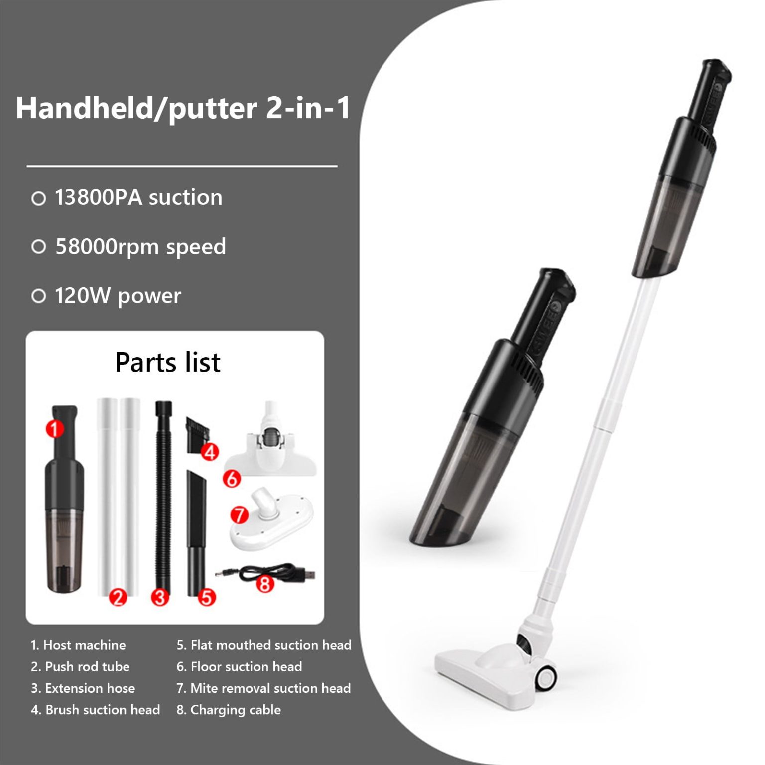Aspirator fara fir, 120W, 20000pa, negru, 350ml, portabil