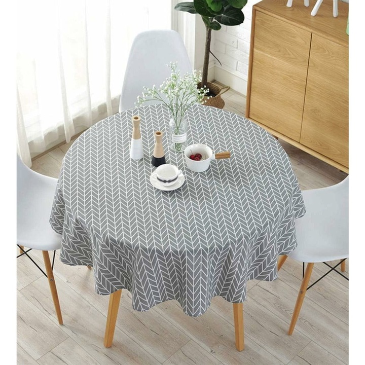 Kerek asztalterítő, pamutvászon, geometrikus mintás, szürke, 152cm