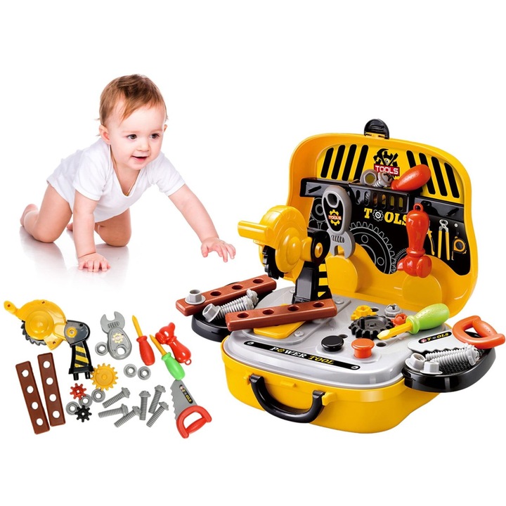 Set scule copii 48 piese cu cutie si bormasina electronica galben 38.4x24.8x26.2cm
