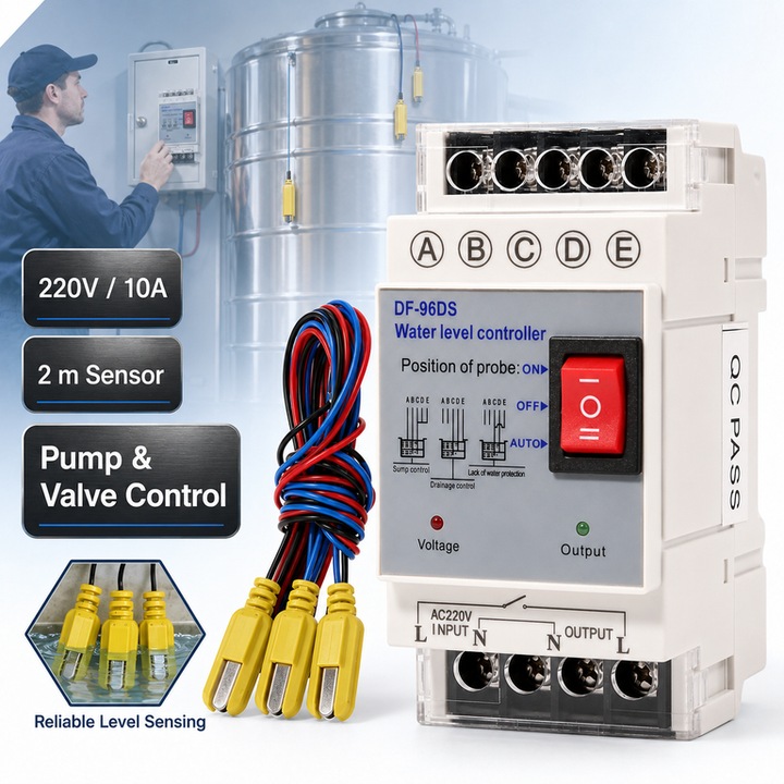 Автоматичен контролер за ниво на водата със сензорен детектор, 220V, 10A, 2 м сензор, контрол на помпи и клапани, Excitat®
