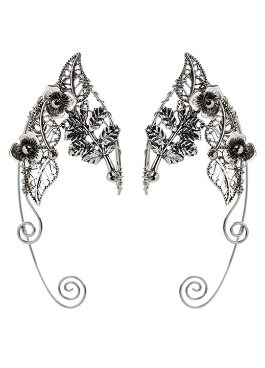 ZYBLSSBB, cercei din aliaj tip ear cuff in forma de ureche de elf cu floare si frunze, clip-on fara piercing, argintiu, pereche, LSM2xh5363-BCS0172133