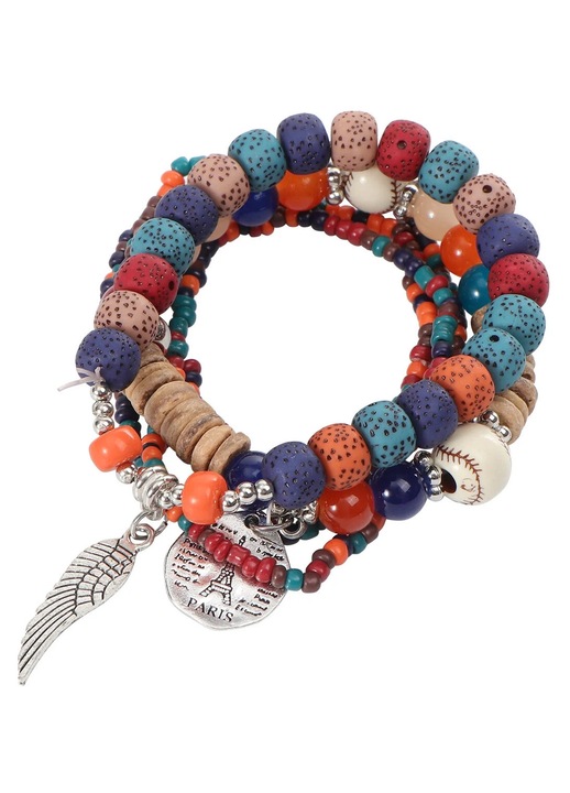 ZYBLSSBB, bratara din rasina si aliaj, multi-strat elastic cu margele boho si charm, colorat, 18 cm