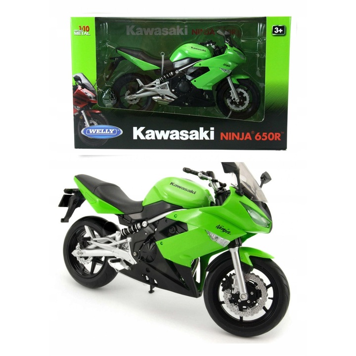 Welly Kawasaki Ninja 650R ZFJI261RGB motorkerékpár modell, 1:10 méretarány, fém és műanyag, gumi kerekek és mozgatható alkatrészek, zöld, hossza ~20 cm