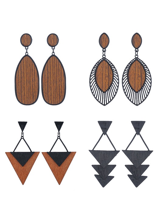 ZYBLSSBB, cercei dangle din lemn cu detaliu metalic, set 4 perechi, design geometric etnic, maro/negru