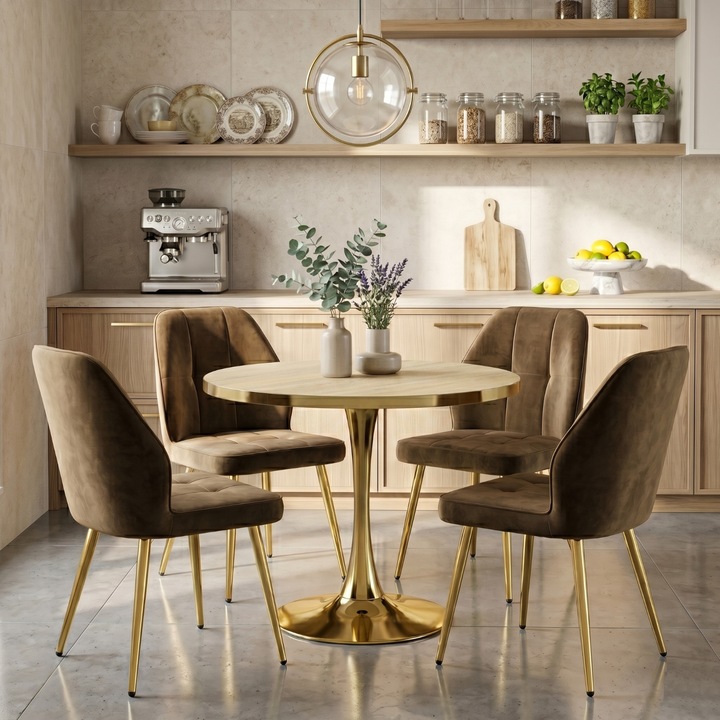 Set Masa Fixa Bucatarie / Dining Lyma Stejar Gold ARTA TABLE, Ø 90 cm, cu 4 Scaune Elira Verde, Tapitate cu Material Textil, Picioare Metalice Aurii