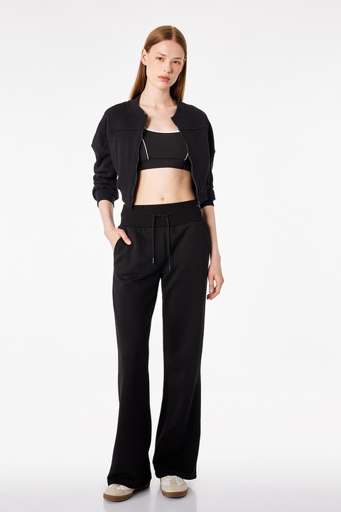 KOTON, Pantaloni de trening cu croiala ampla si talie inalta, Negru, L