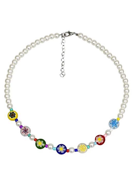 ZYBLSSBB, colier din otel cu perle sintetice si margele florale tip margareta, multicolor, 40 cm