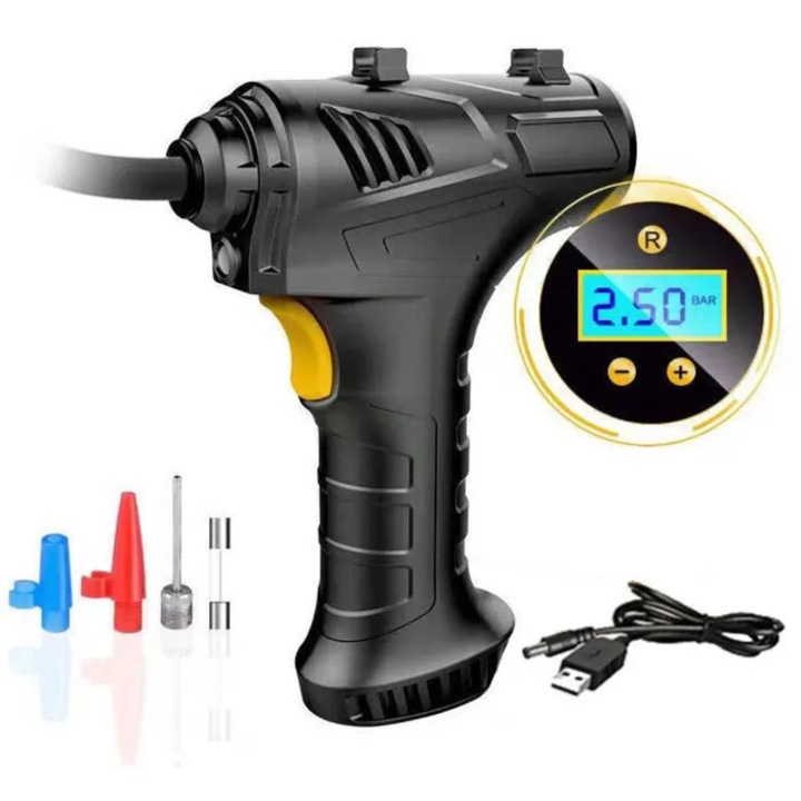 Compresor auto portabil, 12V, 150PSI, LED, USB, negru