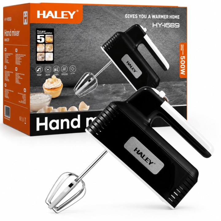 HALEY HY-1689 Kézi Mixer, 500W, 5 Sebességfokozat, Habverők és Dagaztókarok, Gyors Kioldó Rendszer, Fekete