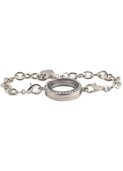 ZYBLSSBB, bratara din otel cu medalion din sticla si cristale, medalion magnetic pentru talismane/poze, argintiu, diametru 25 mm