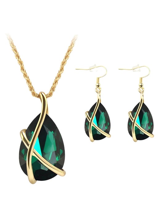 ZYBLSSBB, set colier si cercei din aliaj metalic placat auriu cu pandantiv lacrima cu cristal verde, pandantiv 20x40 mm, cercei 15x42 mm