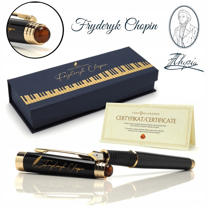 Fryderyk Chopin Elegáns Toll Balti Borostyánnal