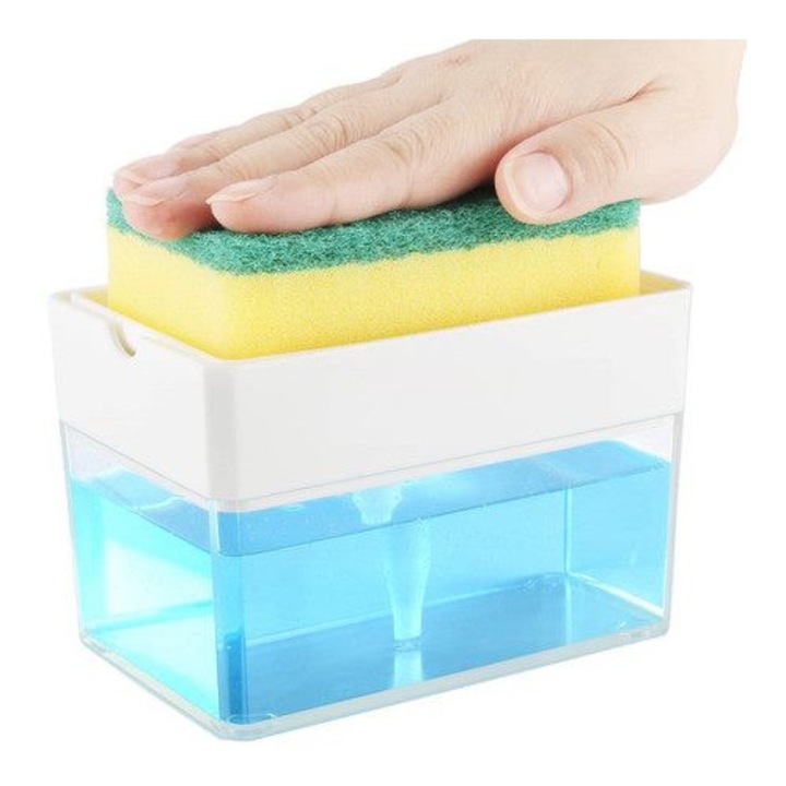 Dispenser sapun lichid cu suport burete, 2 in 1, plastic PP, capacitate 385ml, alb