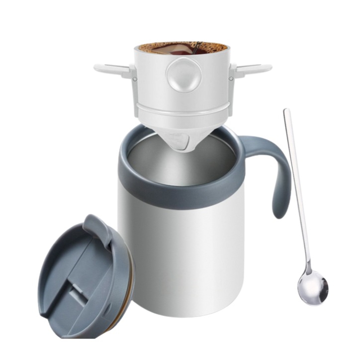 Cafetiera, preparare manuala, set pentru cafea filtrata, ORBER, pahare pentru bauturi calde si reci, pentru exterior, portabil, otel inoxidabil/ceramica, 13, 9 × 9, 5 × 15 cm, alb