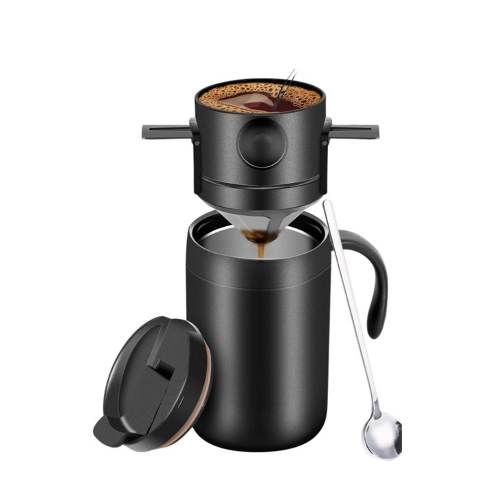 Cafetiera, preparare manuala, pahare pentru bauturi calde si reci, set pentru cafea filtrata, ORBER, pentru exterior, portabil, otel inoxidabil/ceramica, 13, 9 × 9, 5 × 15 cm, negru