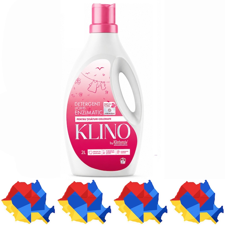 Detergent lichid enzimatic pentru rufe colorate Klintensiv KLINO, eficient de la 20°C, fabricat in Romania, parfum floral, prospetime de durata, 57 spalari, 2 L, 4x Stickere