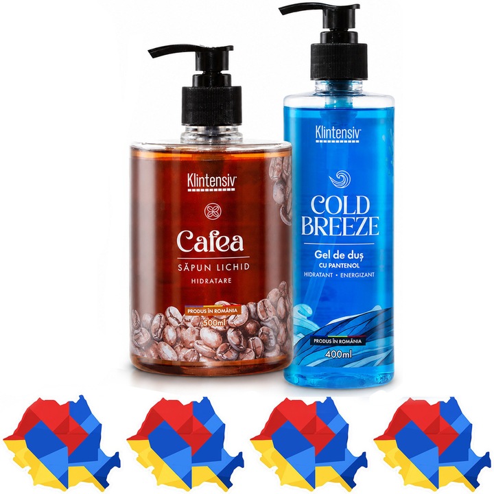 Pachet ingrijire corp Klintensiv, sapun lichid Cafea 500 ml si gel de dus hidratant Cold Breeze 400 ml, 2 produse, 900 ml, 4x Stickere