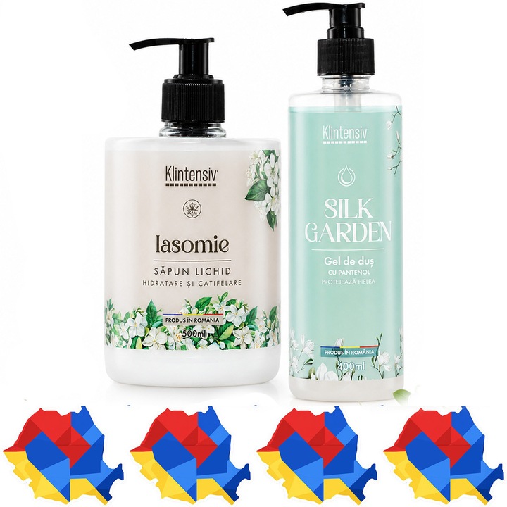 Pachet ingrijire corp Klintensiv, sapun lichid Iasomie 500 ml si gel de dus hidratant Silk Garden 400 ml, 2 produse, 900 ml, 4x Stickere