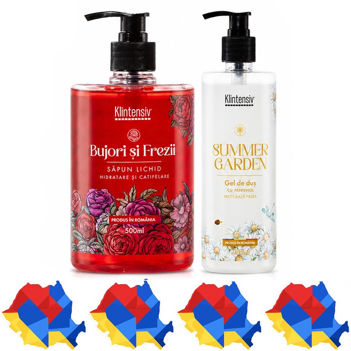 Pachet ingrijire corp Klintensiv, sapun lichid Bujori si Frezii 500 ml si gel de dus hidratant Summer Garden 400 ml, 2 produse, 900 ml, 4x Stickere