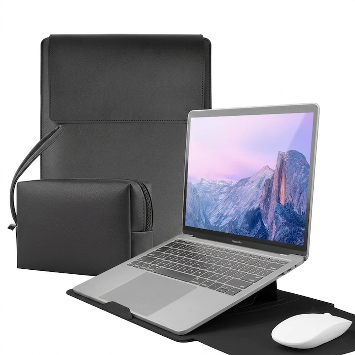 Преносим калъф за лаптоп 13-14 инча, 4 в 1 със сгъваема стойка, съвместим с MacBook Air, MacBook Pro, универсален размер, екологична кожа, 25 x 34 см, черен