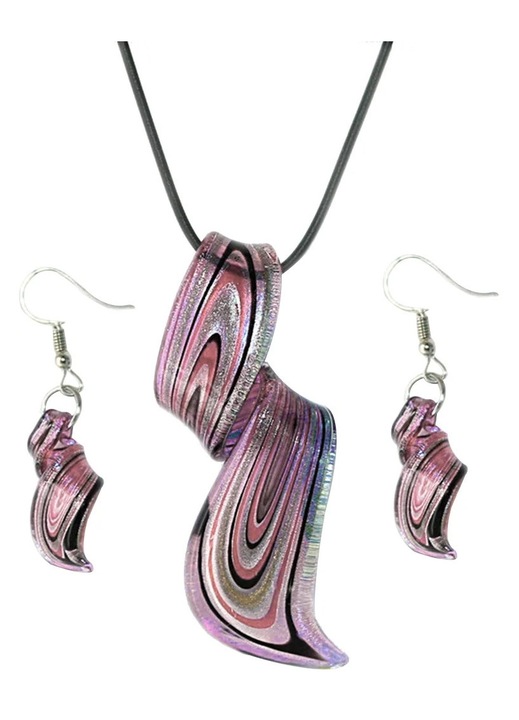 ZYBLSSBB, set colier si cercei din sticla cu pandantiv spiralat, mov, pandantiv 6.3x2.2x0.5 cm, cercei 2.5x1.2 cm