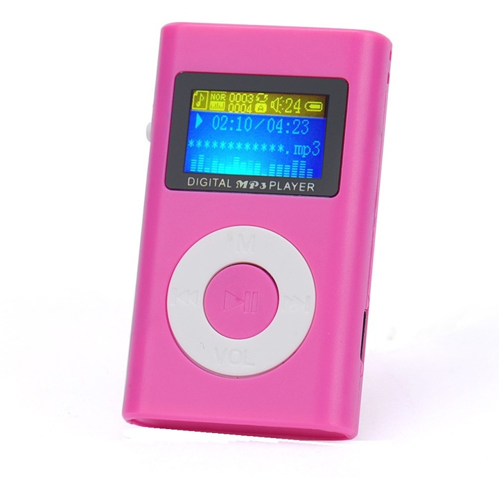 Mp3 lejátszó kijelzővel pink kör alakú gombbal