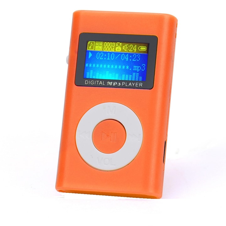 Mp3 lejátszó kijelzővel narancs kör alakú gombbal