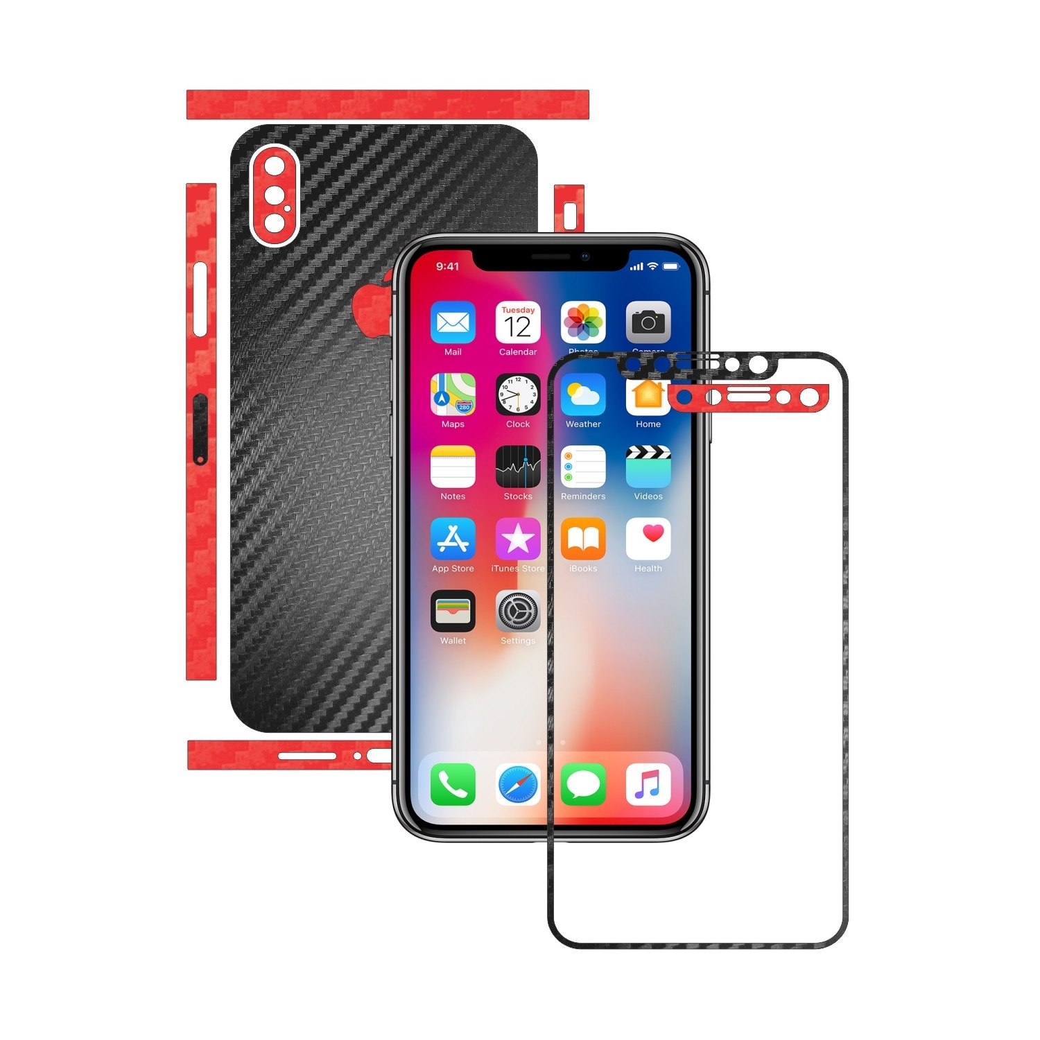 Folie de protectie Full Body Carbon Skinz, Acoperire Totala, Two Tone Negru / Rosu dedicata Apple iPhone X / XS