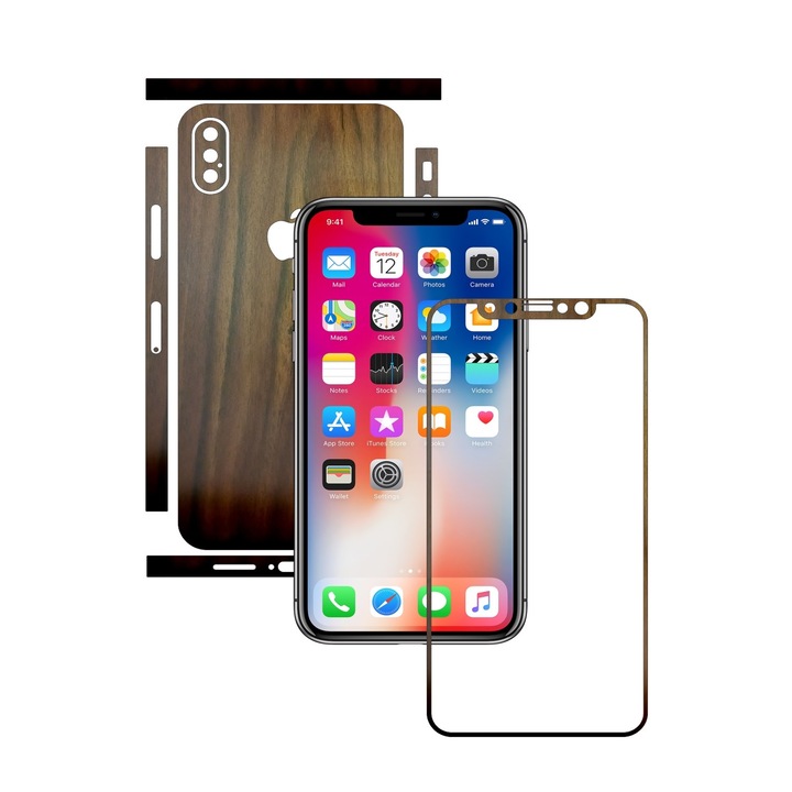 Carbon Skinz védőfólia, öntapadó bőrborítás a tokhoz, sötét diófa dedikált Apple iPhone X / XS készülékhez