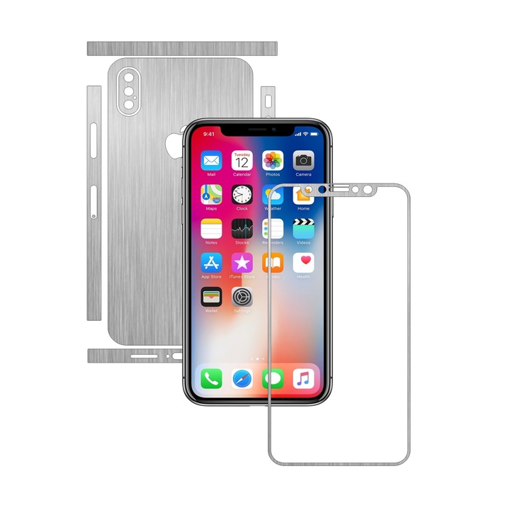 Carbon Skinz védőfólia, öntapadó bőrborítás a tokhoz, szálcsiszolt ezüst, dedikált Apple iPhone X / XS-hez